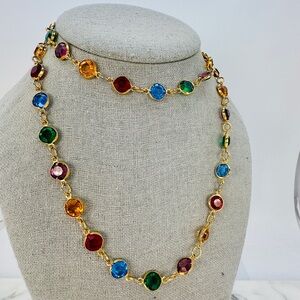 Vintage Rafaelian Austrian Crystal Necklace Multicolor Bezel Set Signed USA 29”
